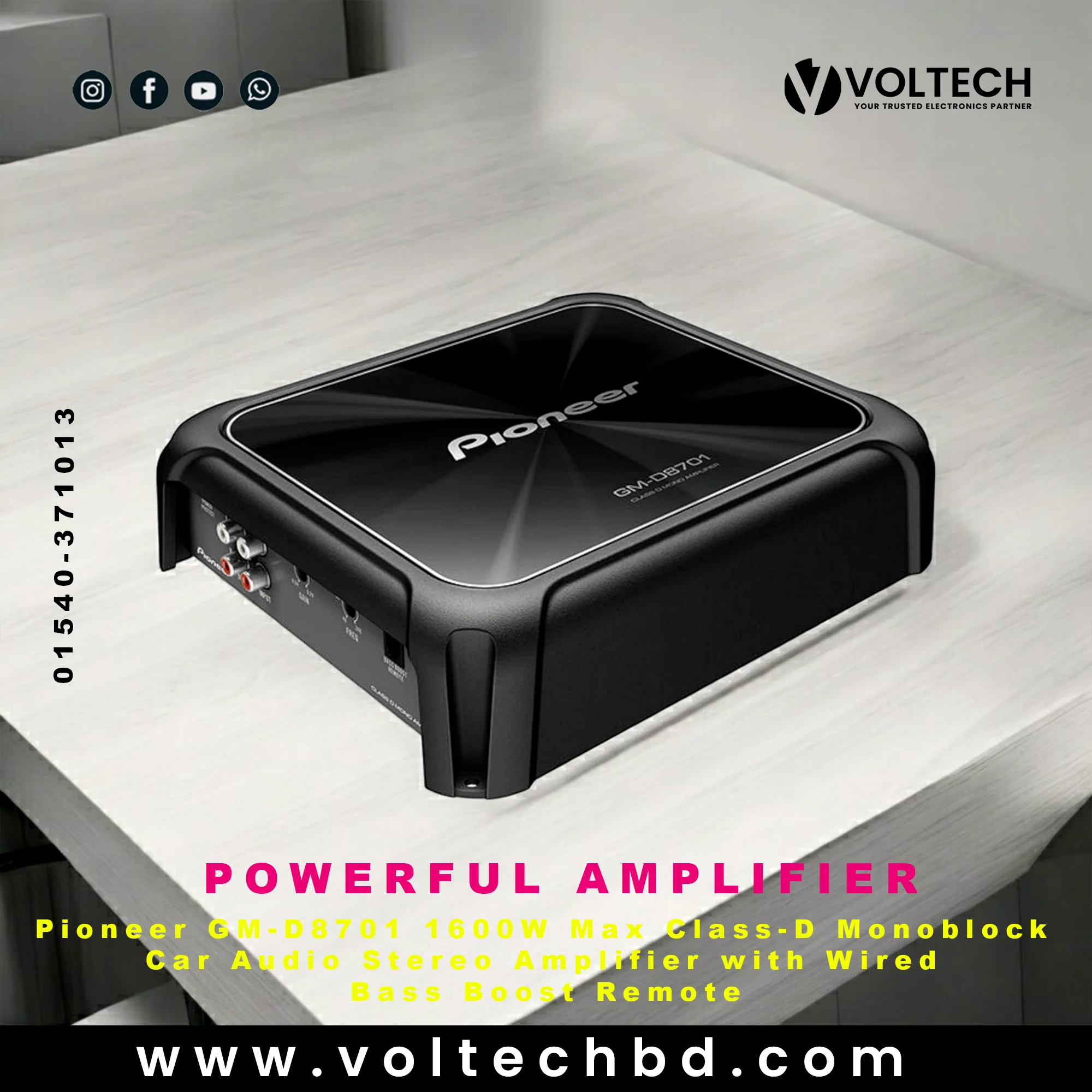 Pioneer GM-D8701 1600W Max Class-D Monoblock Car Audio Stereo Amplifier with Wired Bass Boost Remote